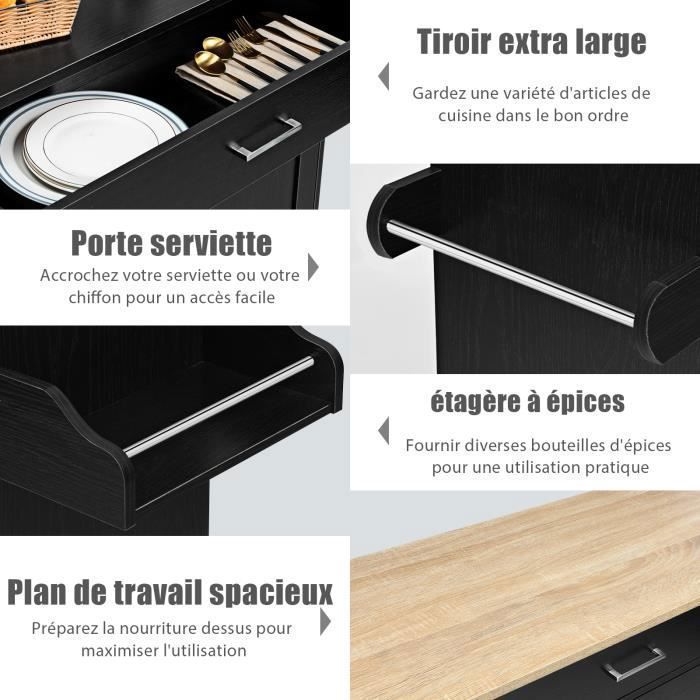 COSTWAY Desserte de Cuisine, Bîlot de Cuisine à Roulettes avec Grand Placard, Tiroir, Porte-Epices et Porte-Serviettes Noir