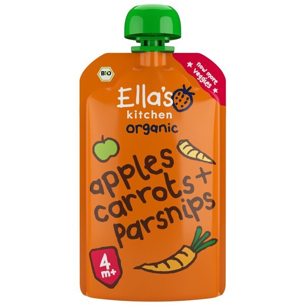 Ella's Kitchen Organic 4M+ Organska vrećica za cijeđenje od mrkve, pastrnjaka i jabuke<br>120g