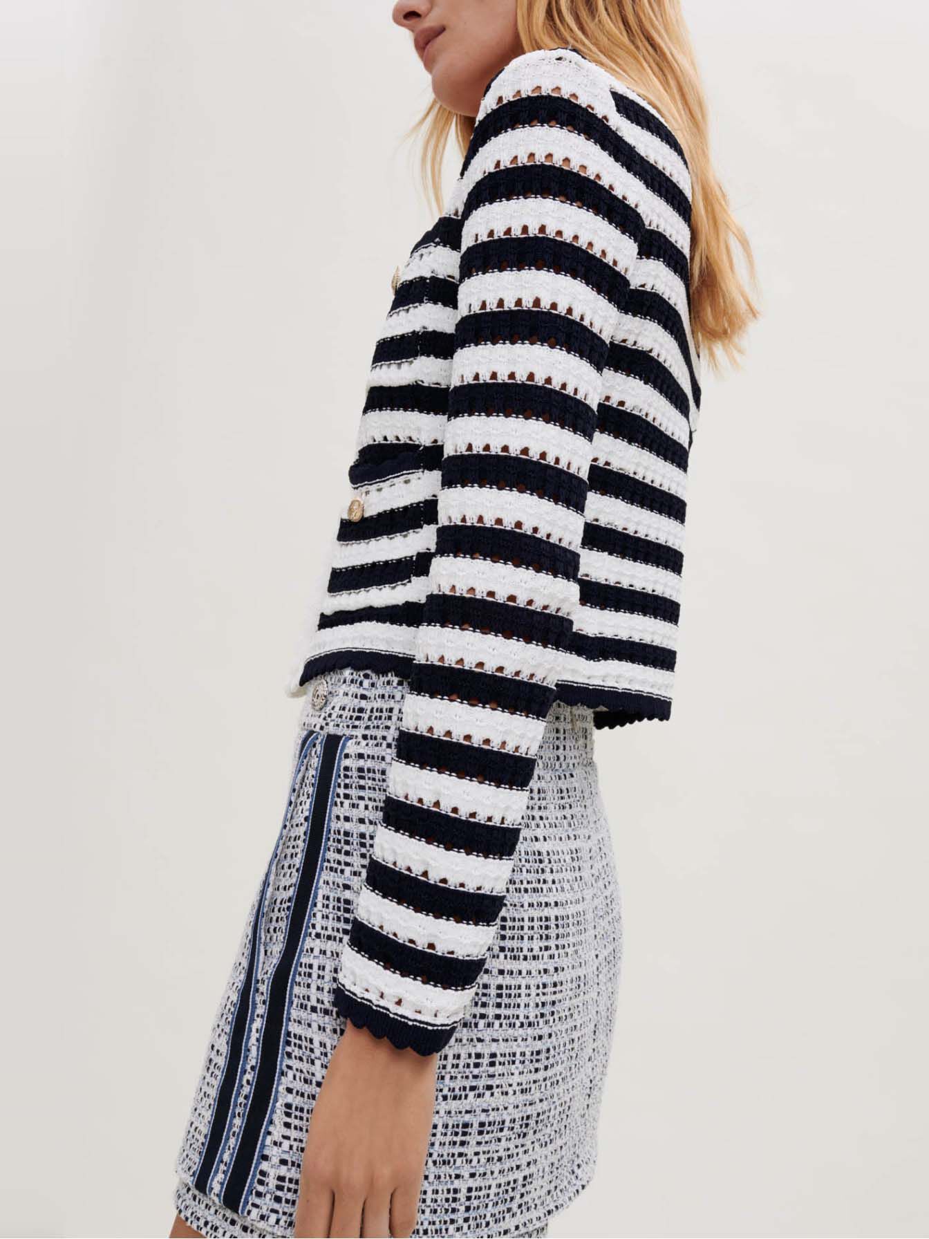 Gestreept vest met haakwerk-effect - Marineblauw / Ecru
