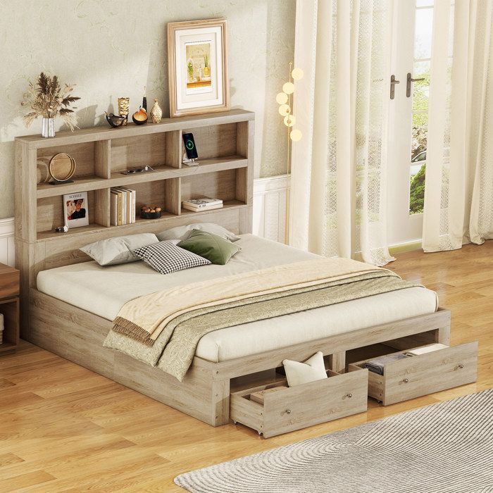 Bettgestell der zweiten Generation, einladendes Ambiente, Doppelbett (160 x 200 cm), Massivholz, Kingsize-Bett mit zwei Schubladen am Fußende.