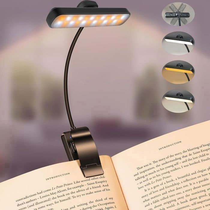 Lampe de Lecture, 24 LED Liseuse Clip Rechargeable, 3 Couleurs & 5 Luminosité, 360° Cou Flexible, Portable pour Lire au Lit, Noir