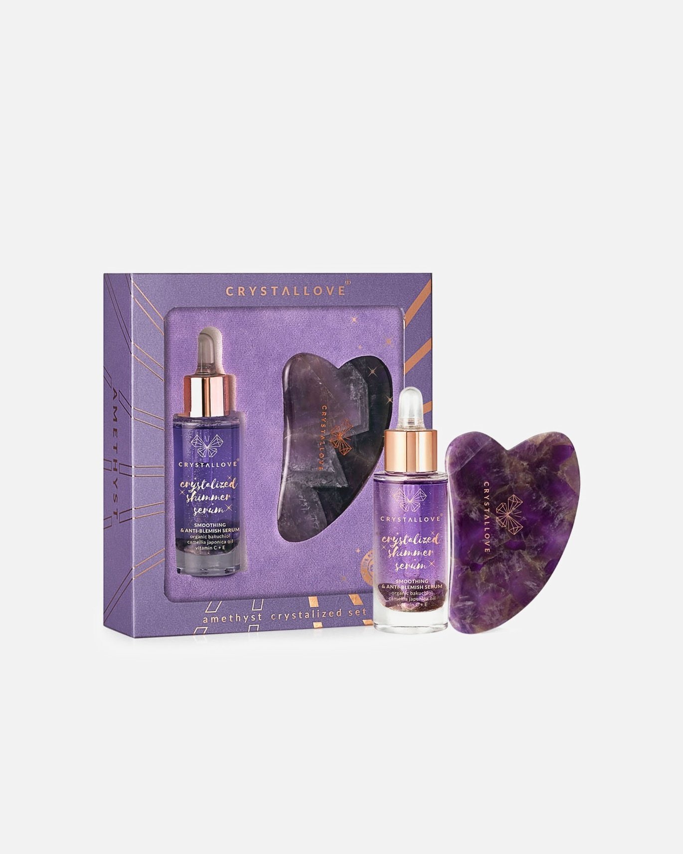 Crystallove sejas kopšanas komplekts ar ametista kristāliem: serums + Gua Sha – 1 gab.