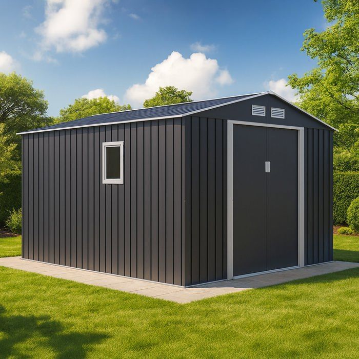 Casinha de jardim em metal antracite, 8,25 m², com portas de correr.