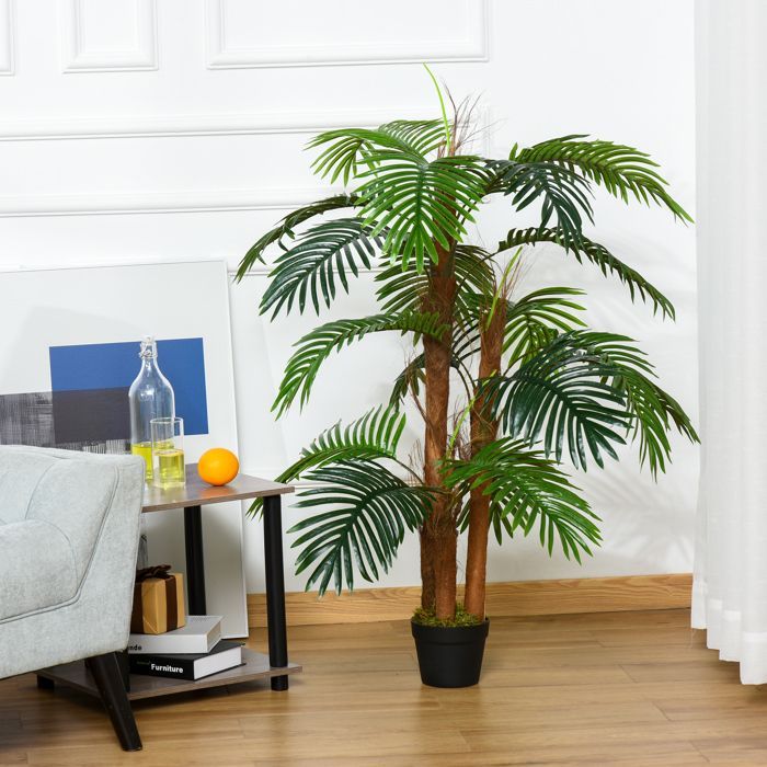 Palmera artificial - Outsunny - 1,2 m de altura, tronco, ramas, líquenes y hojas realistas - plástico - 1,2 m