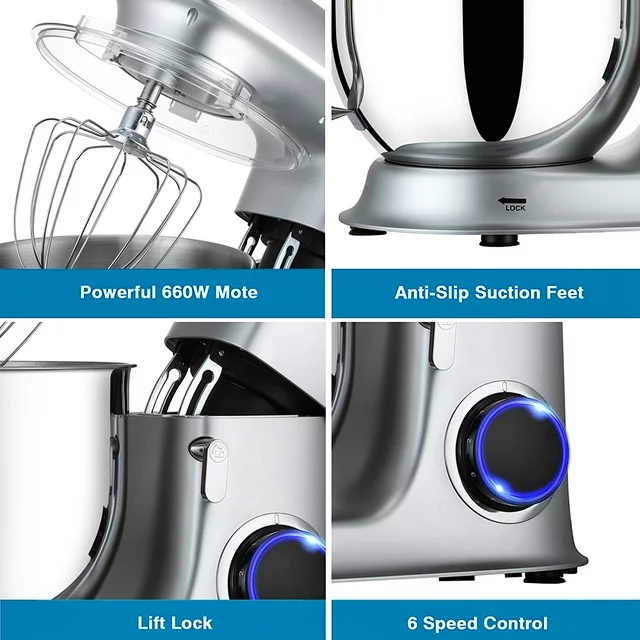 uhomepro 7.5 QT kuchyňský kuchyňský kuchyňský robot, 6+0+P rychlostí, naklápěcí hlava, 660W, hnětač těsta, domácí komerční míchání, elektrický kuchyňský hnětač na dorty s hnětacím hákem, šlehačem, metličkou na vejce, špachtlí, vhodný do myčky nádobí