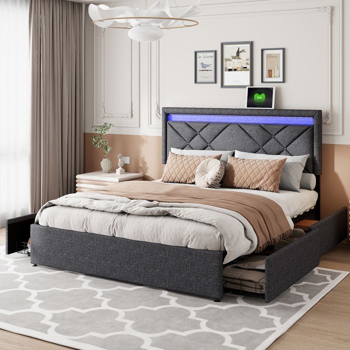 Lit double 160x200 cm avec 4 tiroirs, Lit rembourré tête de lit avec LED et chargement USB, Lin Style scandinave - Gris foncé