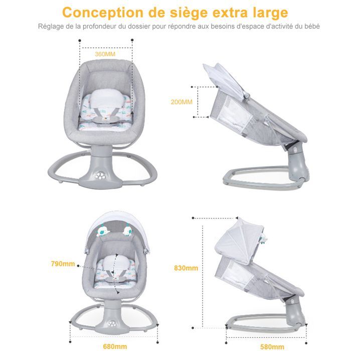3-in-1 elektrische babyschommel met afstandsbediening - 5 schommelsnelheden - Bluetooth-muziek - Grijs