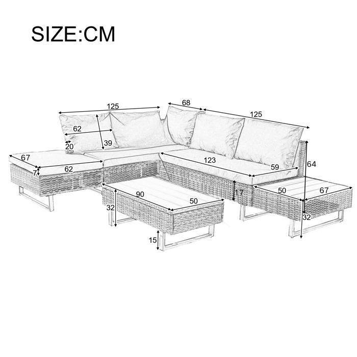 Modular PE rattan garden furniture set - suitable for 4 to 5 people - plastic plank coffee table - Khaki