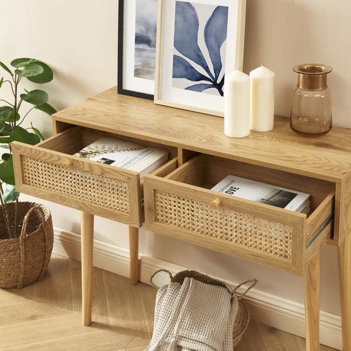Console INES effet chêne et cannage rotin 2 tiroirs - Bois