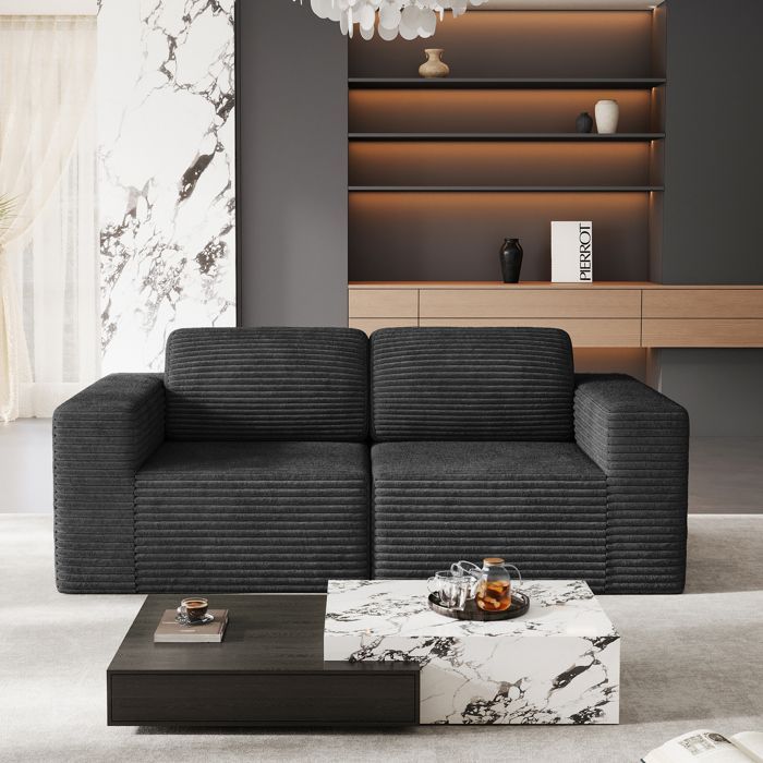 Canapé 2 places modulable en Velours Côtelé, avec 2 coussins, 202x101x82cm, Noir