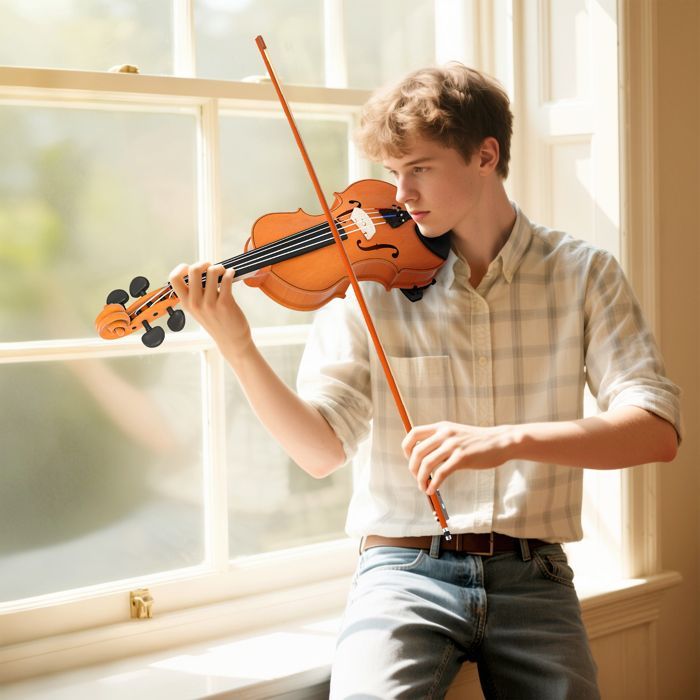 Juego de violín 4/4 - HOMCOM - para adultos y principiantes, con estuche, arco, resina, puente y soporte para el hombro - marrón