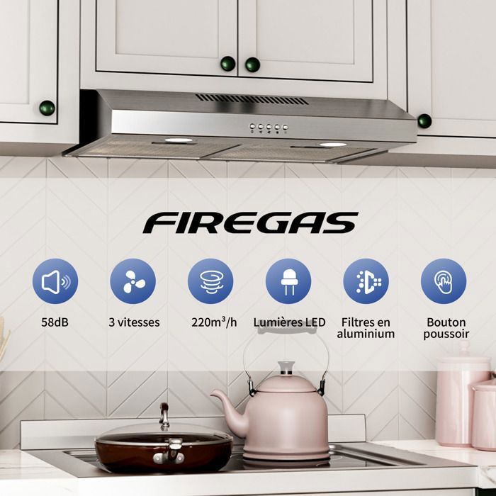 Exaustor de Cozinha FIREGAS 60cm - Extração e Recirculação - Motor sem Escovas - Classe Energética A