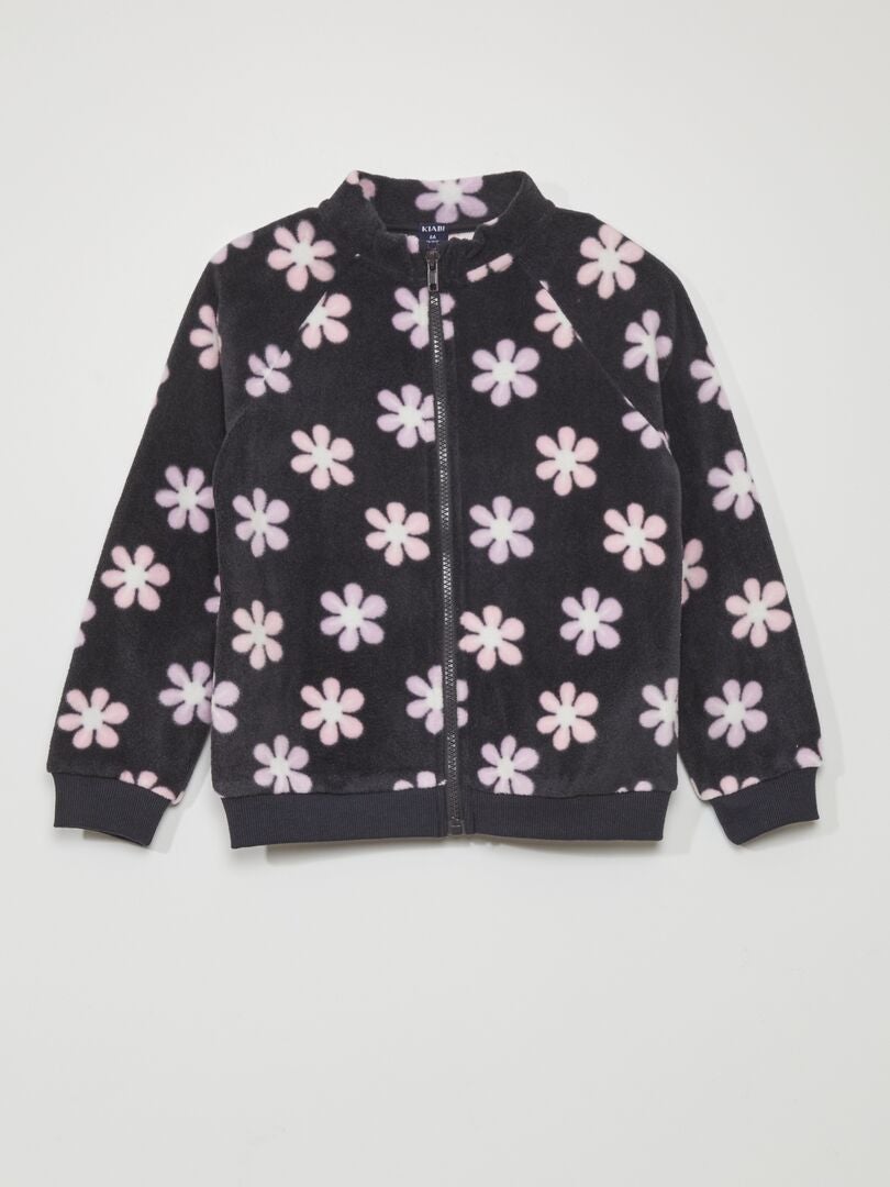 Bedrukte fleece hoodie met rits - ZWART