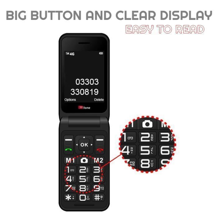TTfone TT760 4G Mobile à gros boutons pour personnes âgées avec bouton d'assistance d'urgence (Noir, avec câble USB)