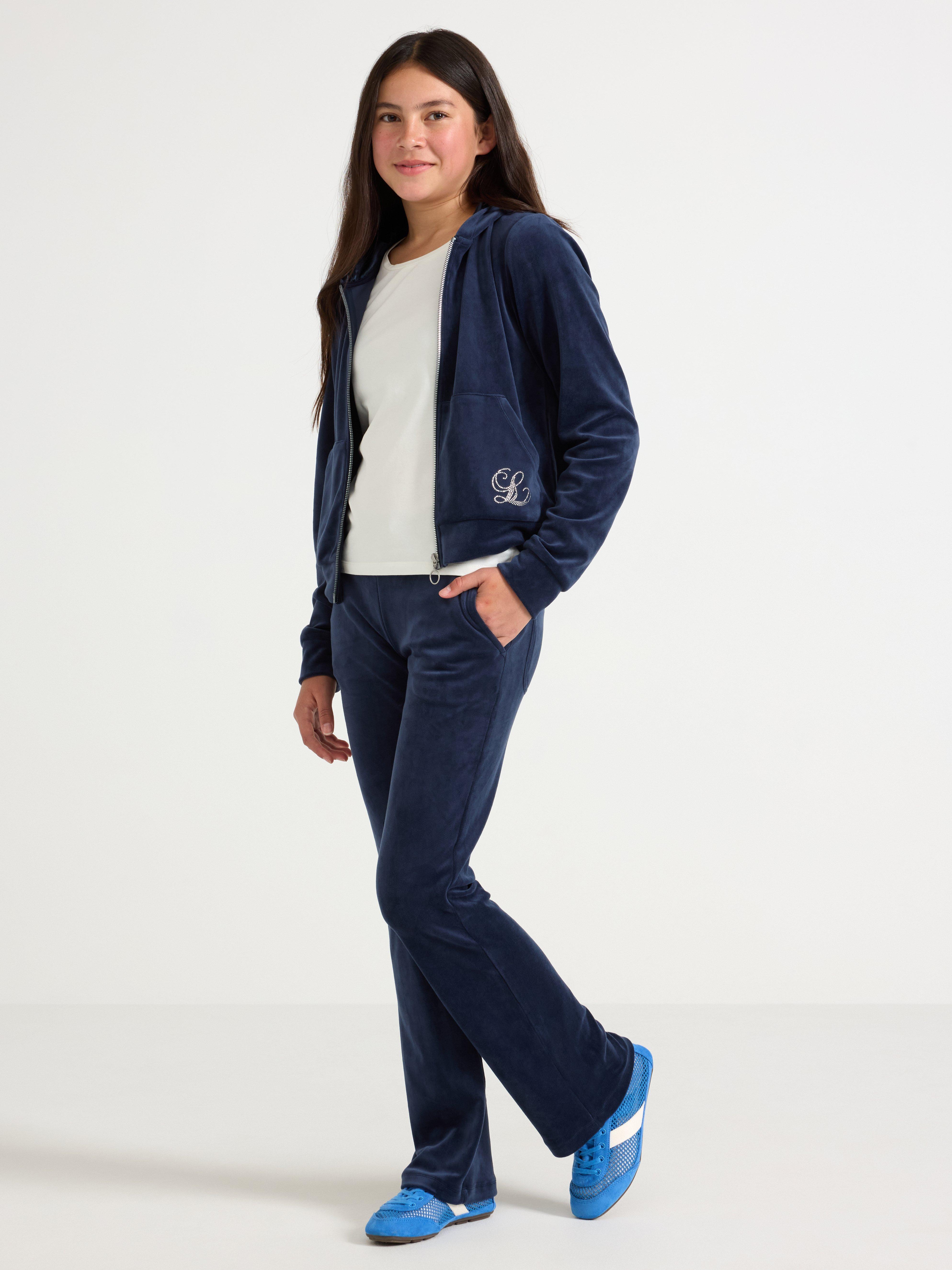 Hettegenser i velour marineblå