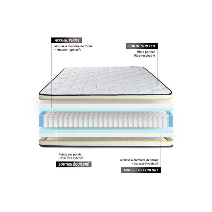 Conjunto de colchón y base de cama - FLEXY - 160x200 cm - Muelles ensacados - Espuma viscoelástica