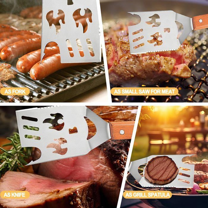 Espátula para barbacoa 8 en 1, herramienta multifuncional para parrilla con abridor de botellas, accesorios para barbacoa para acampar al aire libre.