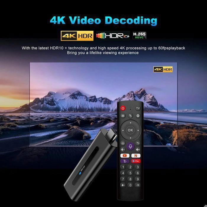 4K-TV-Stick mit Sprachsteuerung, 2 GB RAM + 16 GB Speicher, Android, H313 Quad-Core 64-Bit, WiFi 5, Dualband-WLAN (2,4 GHz/5 GHz), HDR10+, HD Smart-TV-Stick