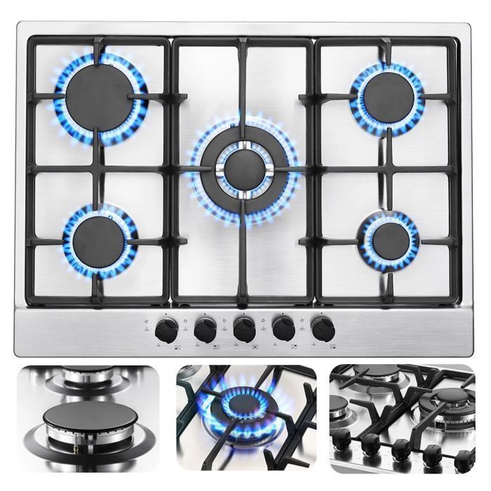 Plaque de Cuisson Gaz 5 Feuxs, Plaque Gaz Inox 68 cm,Cuisinière à Gazs 5 Brûleurs Encastrable,10480W,Sécurité Thermocouple