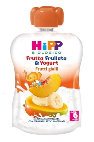 Puré de frutas y yogur orgánico HIPP con frutas amarillas, 90 g, pasteurizado.