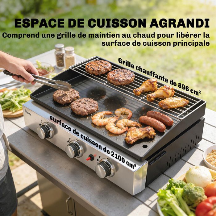 Gas griddle - gas barbecue - Outsunny - 3 burners, enamelled plate, 7.5 kW, warming rack - stainless steel - 62x44x21cm - black