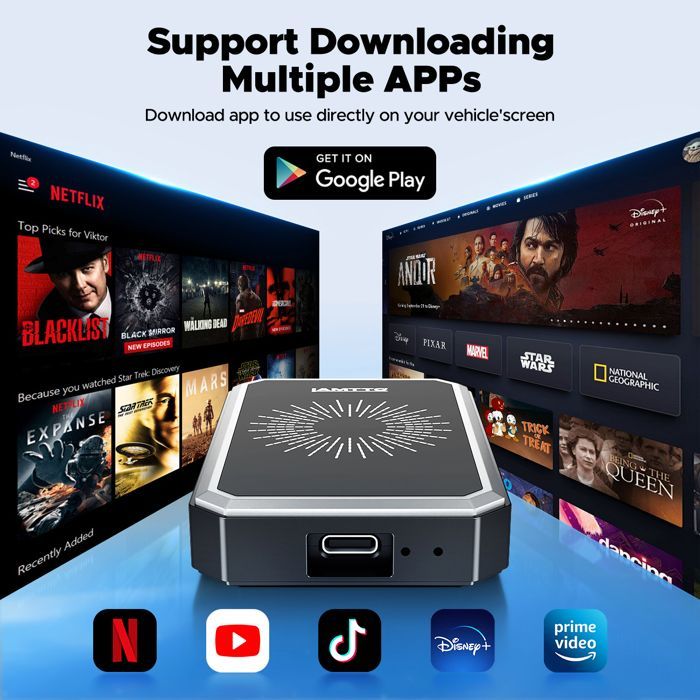 Adaptador inalámbrico para autorradio CAMPARK CarPlay AI-BOX con Netflix, YouTube, múltiples aplicaciones, Mirror Link, salida HDMI, 4G+32G.