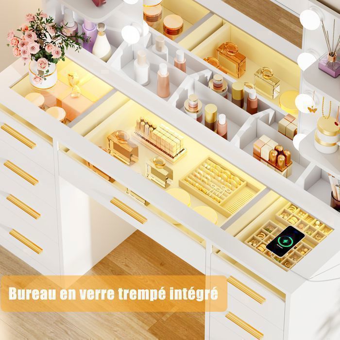 Coiffeuse Grande avec Miroir , LED Réglable, Prise et Port USB, 9 Tiroirs, 105X40X140cm，Blanc