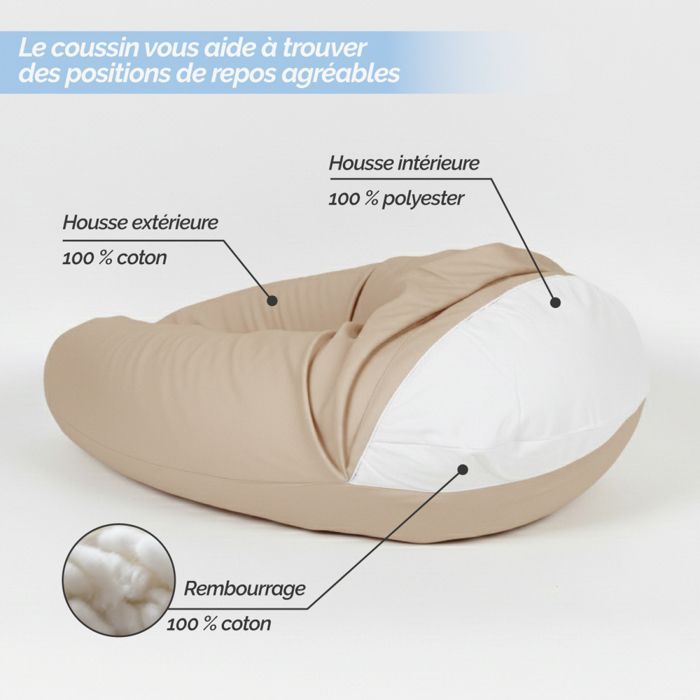 Zwangerschaps-, kraam- en voedingskussen met afneembare hoes - 100% katoen - 170 cm - Effen beige - Monsieur Bébé