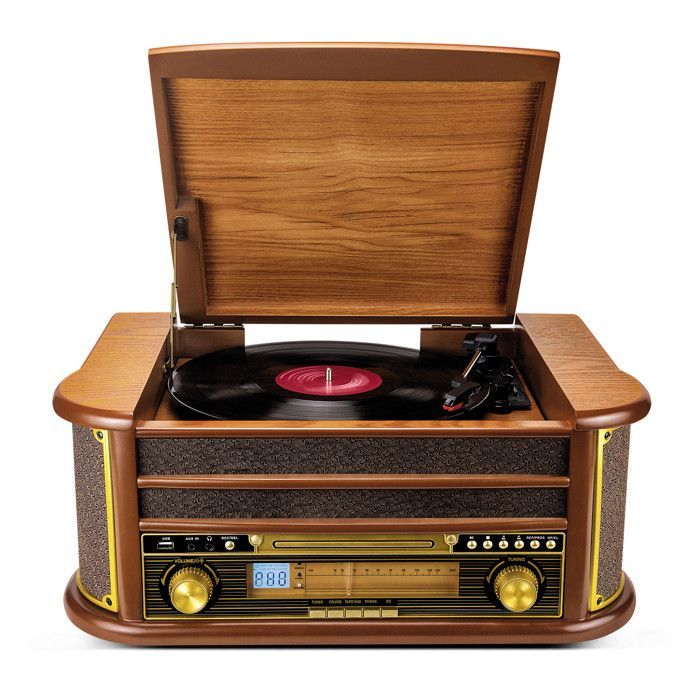 Evidence Acoustics EA-PL400 Plattenspieler – 33/45/78 Vinyl, 60 W PMPO, UKW-Radio, CD, Kassette, Bluetooth, USB, Aufnahme, Retro-Design, Holz
