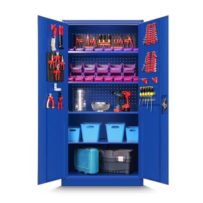 TC01A Werkzeugschrank, Werkstattschrank aus Metall, Lochwand, 4 Regalböden, Flügeltüren, Stahlblech, 185 x 92 x 50 cm (Blau)