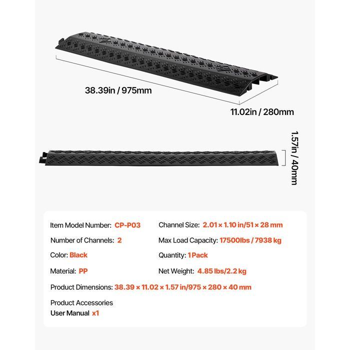 Rampa de protección de cables VEVOR - Capacidad de carga 7938 kg - Canaleta para cables de suelo - Canaleta de 51 x 28 mm - Cubierta para cables de suelo