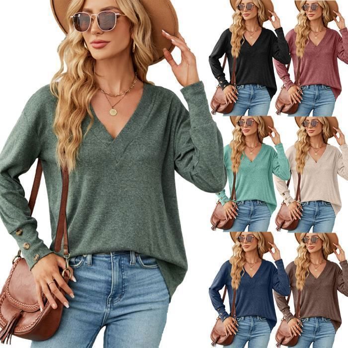 Pull Femme Col V Manches Longues Avec Boutons Pullover Lâche Tops Couleur Unie Pour Printemps Et Automne - Taille EU - Bleu