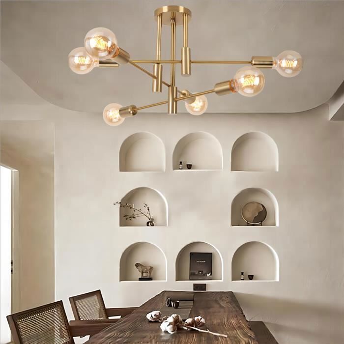 WOTTES Lustre Plafonnier Industriel, 6 Lumières E27 Lampe de Plafond Rétro Vintage en Métal, Lustre Salon Moderne Cuivre