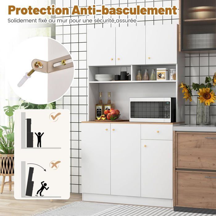 Aparador de cocina COSTWAY con enchufes, puertos USB, estantes ajustables en 3 posiciones y kit antivuelco, 100 x 40 x 181 cm