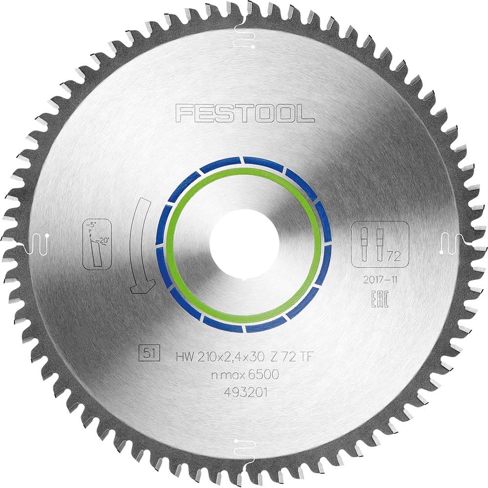 Lâmina de serra FESTOOL de 210 mm com 72 dentes de metal duro para corte de metais não ferrosos.