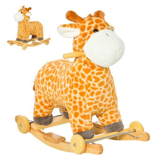 Juguete balancín - HOMCOM - Jirafa y correpasillos 2 en 1 con función de sonido de rugido - Peluche - Madera - Lustrado