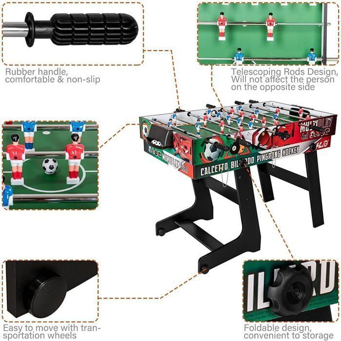 Tavolo da gioco pieghevole 4 in 1 - Calcio balilla - Biliardo - Ping-pong - Hockey - Asta telescopica - 121x61x81 cm