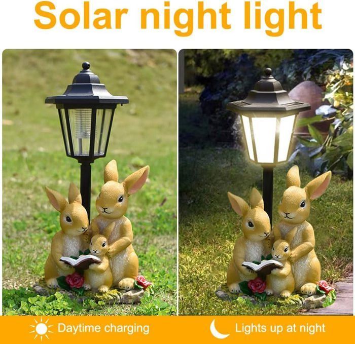 Statua solare da giardino per esterni, statua di coniglio da giardino per famiglie con lanterna solare, decorazione da giardino