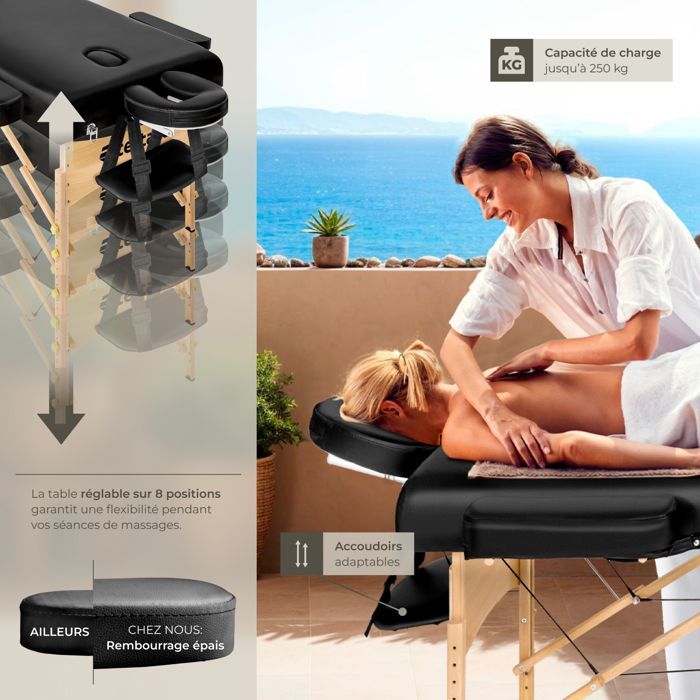 Table de massage - TECTAKE - Table de soin SOMWANG pliante et portable 3 zones avec cadre en bois 218 x 102 x 90 cm - Noir