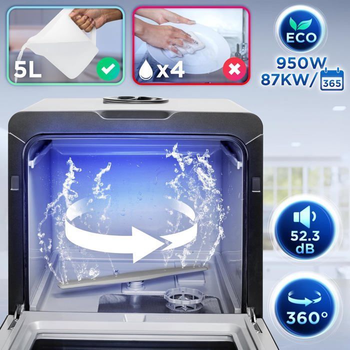 Lavastoviglie da tavolo Duronic DW5 BK da 950 W, compatta e portatile, ideale per cucine di piccole dimensioni, con 7 programmi.