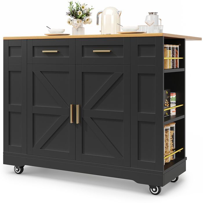 Îlot cuisine Desserte moderne veinures bois table extensible armoires ajustables Noir