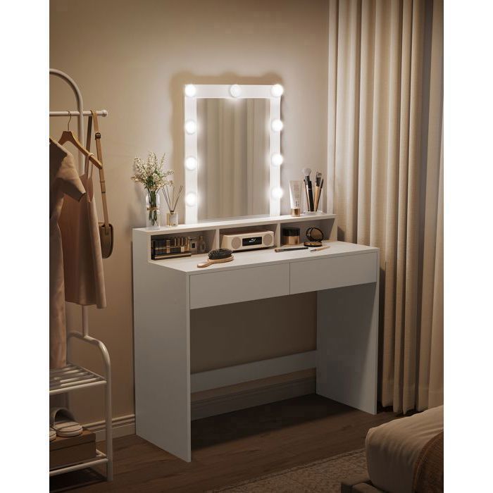 Coiffeuse, Miroir LED à Luminosité Réglable, 2 Tiroirs et 3 Compartiments, 100 x 40 x 145 cm, Blanc