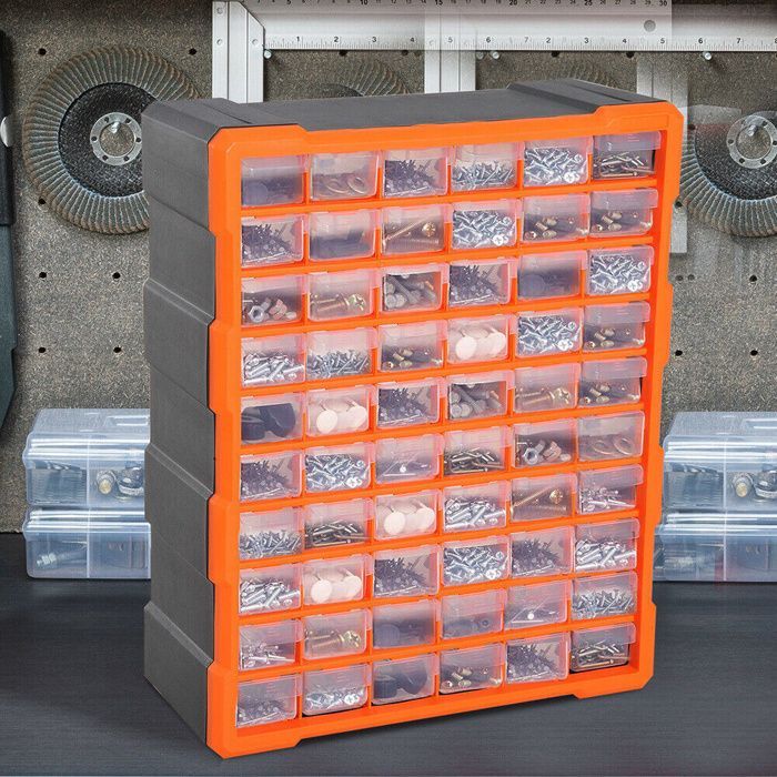 Caja de herramientas de plástico con 60 compartimentos extraíbles. Estante para tornillos.