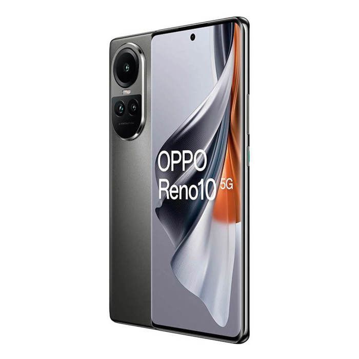 Smartphone OPPO Reno10 5G na cor cinza prateado com tela AMOLED Full HD+ de 6,7