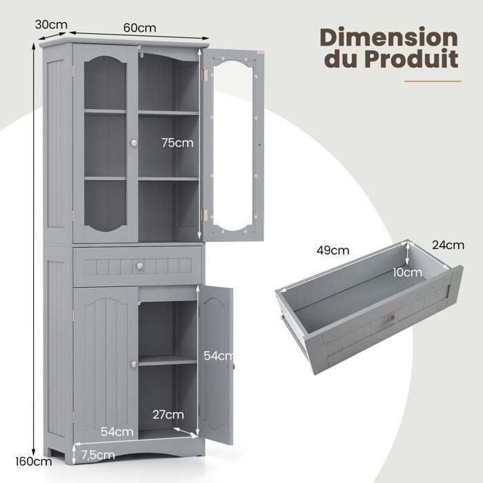 Mueble columna de baño COSTWAY, alto, con 4 puertas, 1 cajón y 2 estantes ajustables, para baño y cocina, 60x30x160 cm, gris.