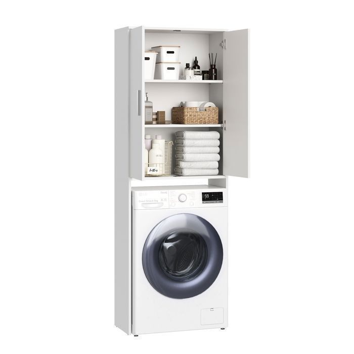 Meuble pour machine à laver - 65x30x187 cm -  Armoire pour lave-linge - Meuble rangement  salle de bain buanderie - Blanc