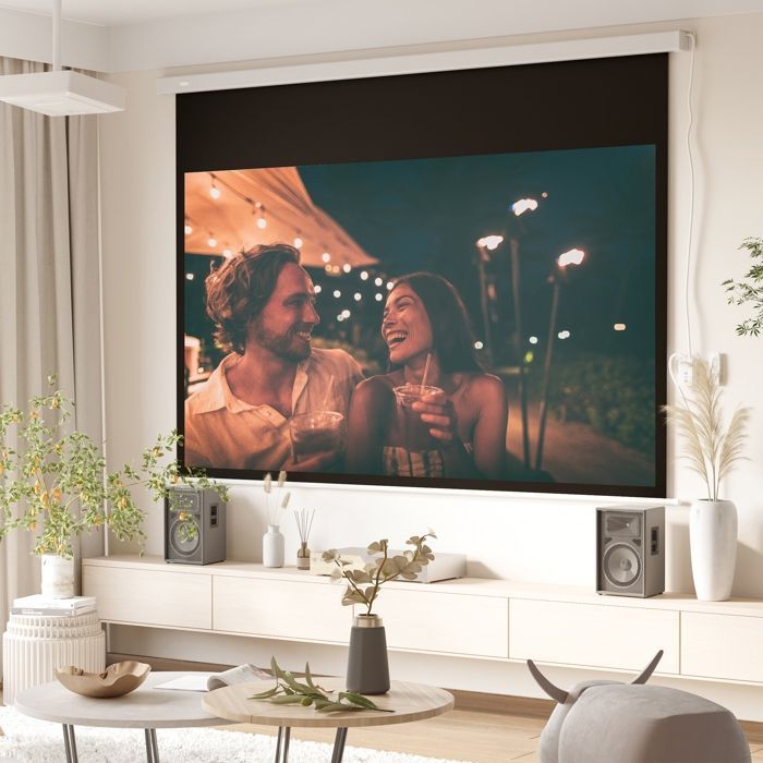 Pantalla de proyección HOMCOM de 100 pulgadas, formato 16:9, resolución 4K HD, motorizada, para montaje en pared/techo, de acero, color blanco.