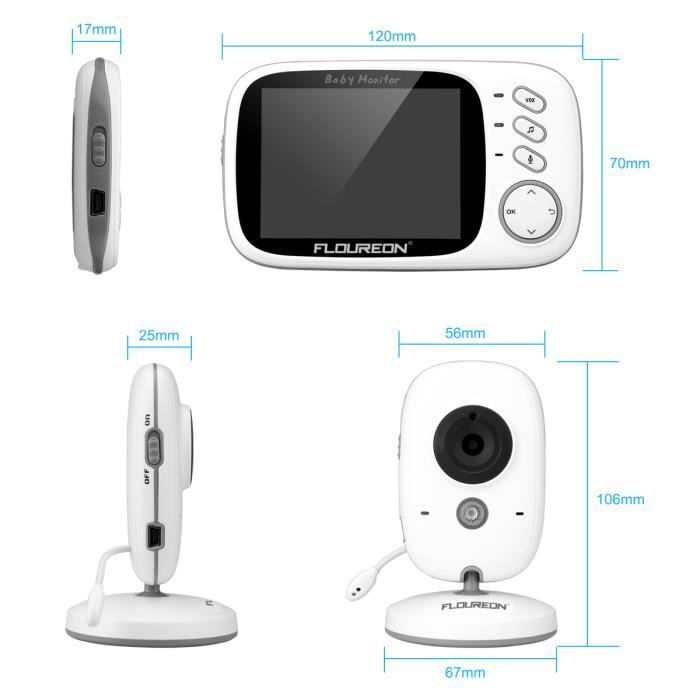 Floureon VB603 Écoute Bébé Babyphone Numérique sans Fil 2.4GHz Écran LCD 3.2’’ Caméra Vision Nocturne Grand Angle de Vue Longue