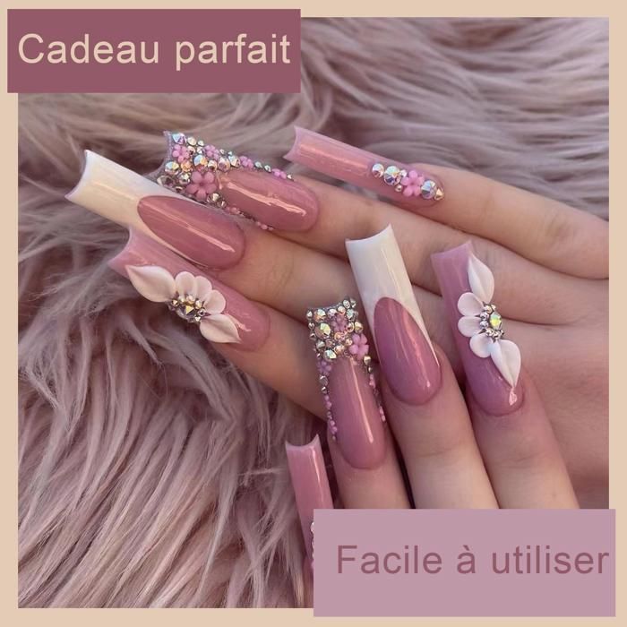 Set manucure-pedicure INN Faux Ongles 24pcs French Rose Brillant Press on Nails à Coller Portant des Bijoux d'ongles et de Diamants