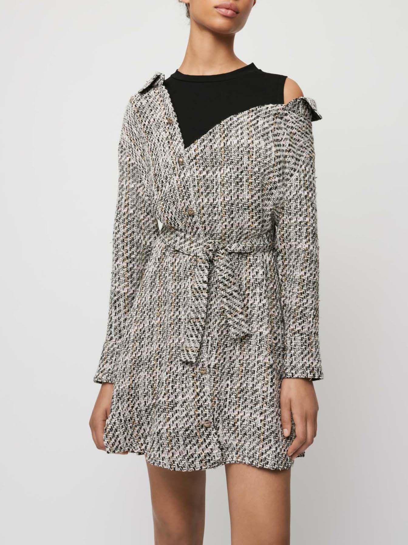 Rochie cămașă în stil tweed trompe l'oeil - Roz deschis